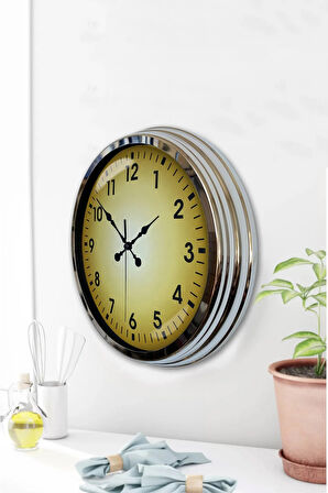 40 Cm Krom Metal Yellow Duvar Saati Hediyelik