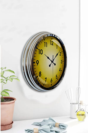 40 Cm Krom Metal Yellow Duvar Saati Hediyelik