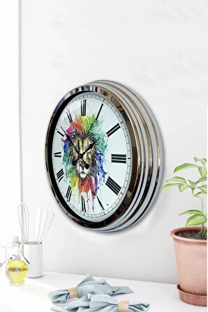 Hediyelik Dekoratif 40 Cm Krom Metal Aslan Duvar Saati