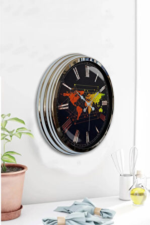 Hediyelik 40 Cm Krom Metal Harita Duvar Saati