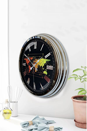 Hediyelik 40 Cm Krom Metal Harita Duvar Saati