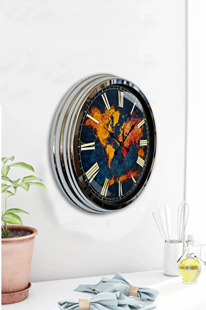 Hediyelik 40 Cm Krom Metal Dünya Duvar Saati