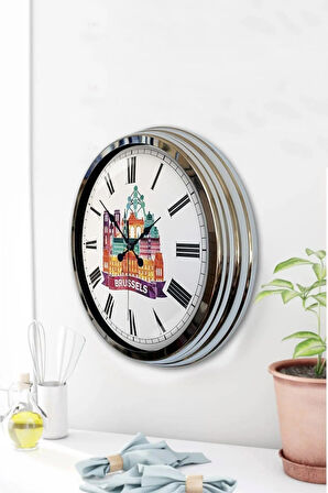 Hediyelik Dekoratif 40 Cm Krom Metal Brussels Temalı Duvar Saati