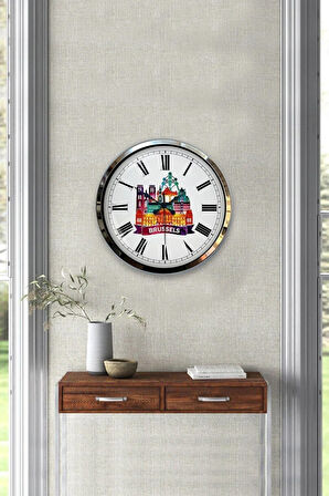 Hediyelik Dekoratif 40 Cm Krom Metal Brussels Temalı Duvar Saati