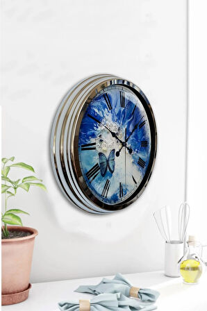 Hediyelik 40 Cm Krom Metal Kelebek Duvar Saati