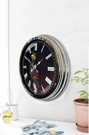 40 Cm Krom Metal Vazolu Çiçek Duvar Saati Hediyelik