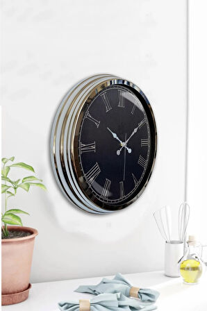 Hediyelik 40 Cm Krom Metal Siyah Duvar Saati