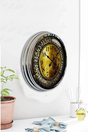 Hediyelik Dekoratif 40 Cm Krom Metal Desen Duvar Saati