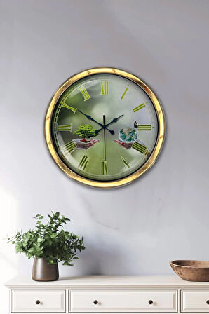 Hediye 40 Cm Gold Metal Iklim Temalı Duvar Saati Clock