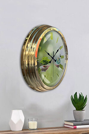 Hediye 40 Cm Gold Metal Iklim Temalı Duvar Saati Clock