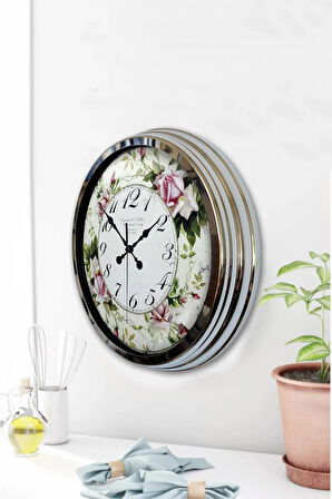 Hediyelik Dekoratif 40 Cm Krom Metal Çiçek Duvar Saati