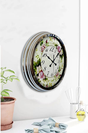 Hediyelik Dekoratif 40 Cm Krom Metal Çiçek Duvar Saati