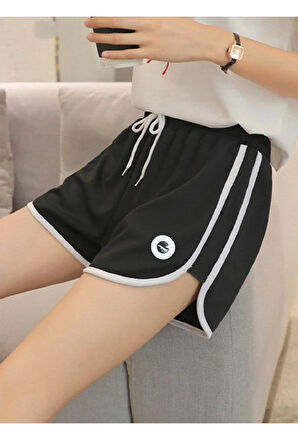 Pamuklu Kadın sporcu şortu , baya şort yan çift biyeli 3 cepli , bağcıklı lastikli