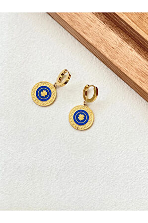 316 L Cerrahi Çelik Küpe , Etnik Motif Desenli Küpe , Mavi Mineli Küpe Gold