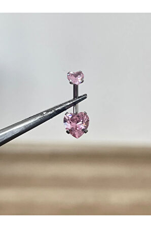 316 L Cerrahi Çelik Zirkon Taşlı Kalp Detaylı Göbek Piercingi Pembe