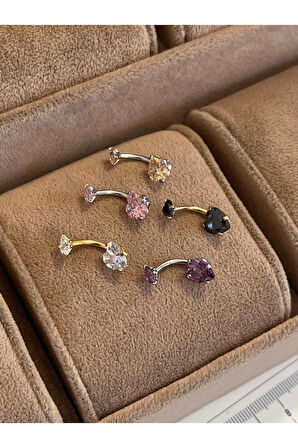 316 L Cerrahi Çelik Zirkon Taşlı Kalp Detaylı Göbek Piercingi Pembe