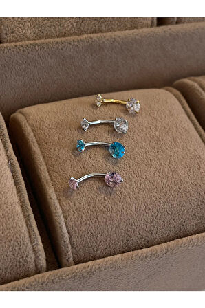 316 L Cerrahi Çelik Zirkon Taşlı Yuvarlak Taş Detaylı Göbek Piercingi Lila Taşlı