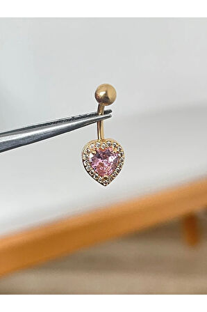 316 L Cerrahi Çelik Zirkon Taşlı Pembe Kalpli Göbek Piercingi