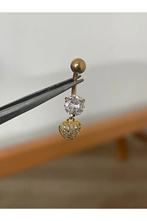 316 L Cerrahi Çelik Zirkon Taşlı , Sallantılı Taşlı Kalp Detaylı Göbek Piercingi