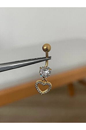 316 L Cerrahi Çelik Sallantılı Taşlı Kalp Detaylı Göbek Piercingi