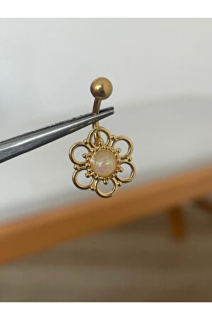 316 L Cerrahi Çelik Opal Taşlı Çiçek Şeklinde Otantik Göbek Piercingi