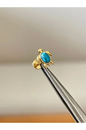 316L Cerrahi Çelik Firuze Taşı Detaylı Kaplumbağa Piercing Dudak Kıkırdak Helix Tragus Piercingi