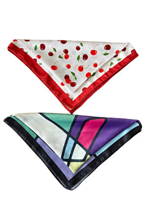 2 Li Saten Bandana Seti Saten Fular Saten Çanta Aksesuarı Özel Desen Bandana 45X50 Cm