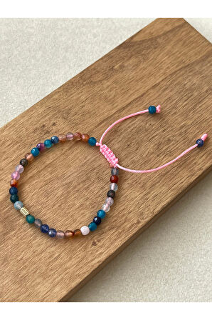 14 Ayar Altın Burgu Detaylı Rengarenk Doğal Akik Taşlı Zarif El İşi Altın Bileklik