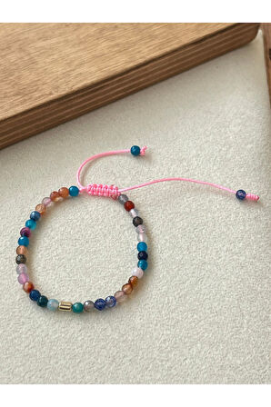 14 Ayar Altın Burgu Detaylı Rengarenk Doğal Akik Taşlı Zarif El İşi Altın Bileklik