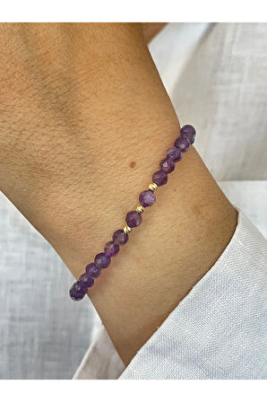 14 Ayar Altın Dorika Detaylı Doğal Amatis Taşlı Unisex Altın Bileklik