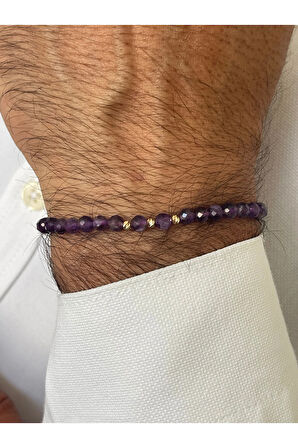 14 Ayar Altın Dorika Detaylı Doğal Amatis Taşlı Unisex Altın Bileklik