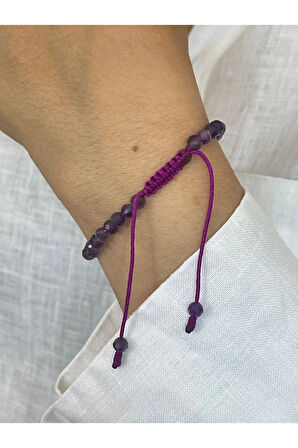 14 Ayar Altın Dorika Detaylı Doğal Amatis Taşlı Unisex Altın Bileklik