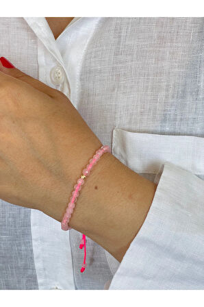 14 Ayar Altın Dorika Detaylı Pembe Kuvars Taşlı Zarif Altın Bileklik