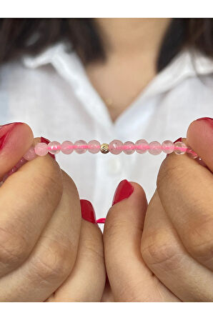 14 Ayar Altın Dorika Detaylı Pembe Kuvars Taşlı Zarif Altın Bileklik