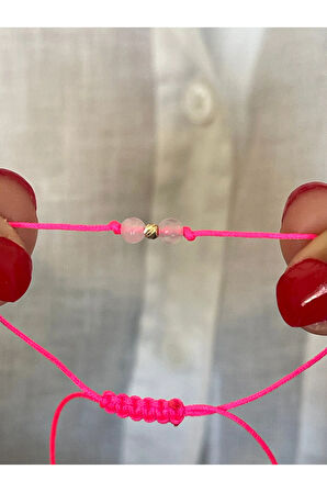 14 Ayar Altın Dorika Detaylı Doğal Pembe Kuvars Taşlı Minimal Tasarım Altın Bileklik