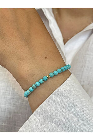 14 Ayar Altın Dorika Detaylı Natural Firuze Taşlı Zarif Altın Bileklik