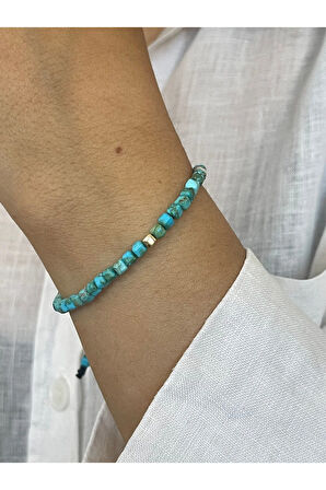 14 Ayar Altın Küp Detaylı Kare Doğal Firuze Taşlı Zarif Altın Bileklik