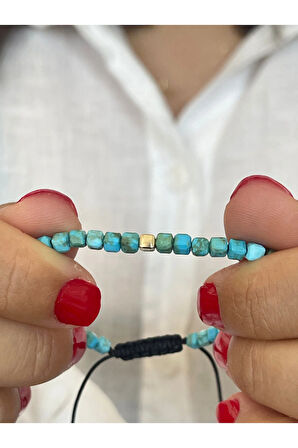 14 Ayar Altın Küp Detaylı Kare Doğal Firuze Taşlı Zarif Altın Bileklik