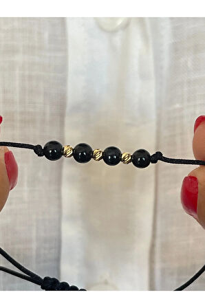 14 Ayar Altın 3 Dorika Detaylı Doğal Onix Taşlı Unisex Altın Bileklik