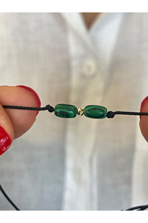 14 Ayar Altın Dorika Detaylı Doğal Malahit Taşlı Minimal Tasarım Altın Bileklik