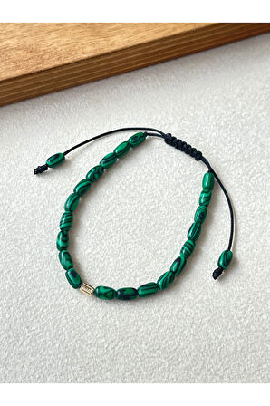 14 Ayar Altın Burgu Altın Detaylı Doğal Malahit Taşlı Tasarım Altın Bileklik