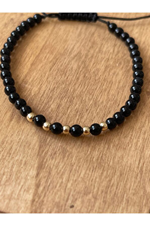 14 Ayar Altın Top Altın Detaylı Onix Taşlı Altın Bileklik