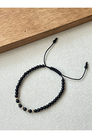 14 Ayar Altın Top Altın Detaylı Onix Taşlı Altın Bileklik