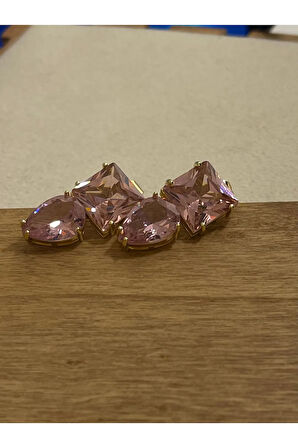 Pembe Zirkon Taşlı Parlak Gold Tasarım Küpe