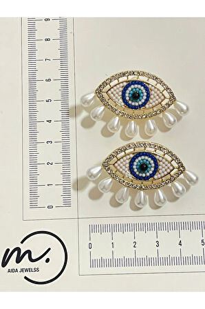 Göz Modeli İncili Mavi Taşlı Pırlanta Kesim Zirkon Taşlı Özel Tasarım Küpe