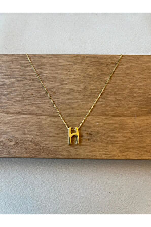 925 Ayar Gümüş Gold Renk H Harfi Kolye Harfli Kolye 45cm