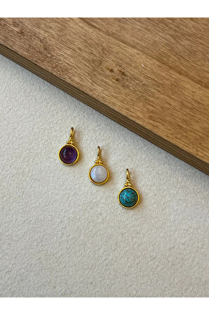 925 Ayar Gümüş Gold Renk Ametist Taşlı Kolye Ucu