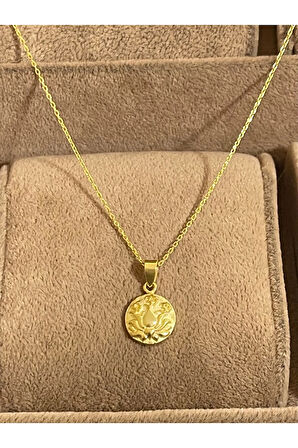 925 Ayar Gümüş Gold Renk Mitolojik Çiçek Desen Zincirli Kolye 45cm