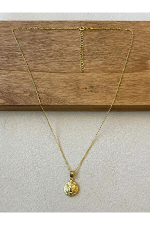 925 Ayar Gümüş Gold Renk Mitolojik Çiçek Desen Zincirli Kolye 45cm