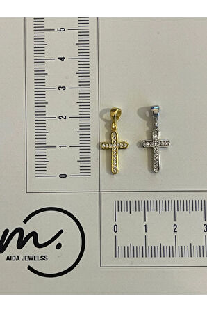925 Ayar Gümüş Zirkon Taşlı Gold Renk Haç Model Kolye Ucu